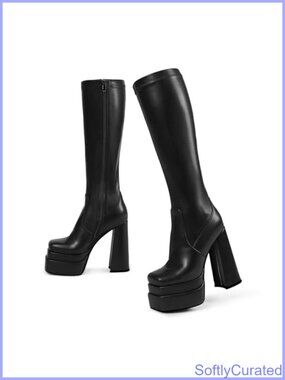 Platform Knee High Boots Go Go Faux Leather Chunky Heel